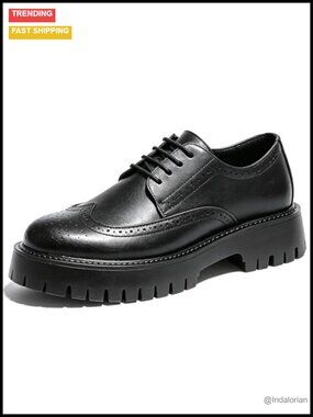 Men's Full-Grain Leather Wingtip Platform Oxfords Lug-Sole Brogue Shoes
